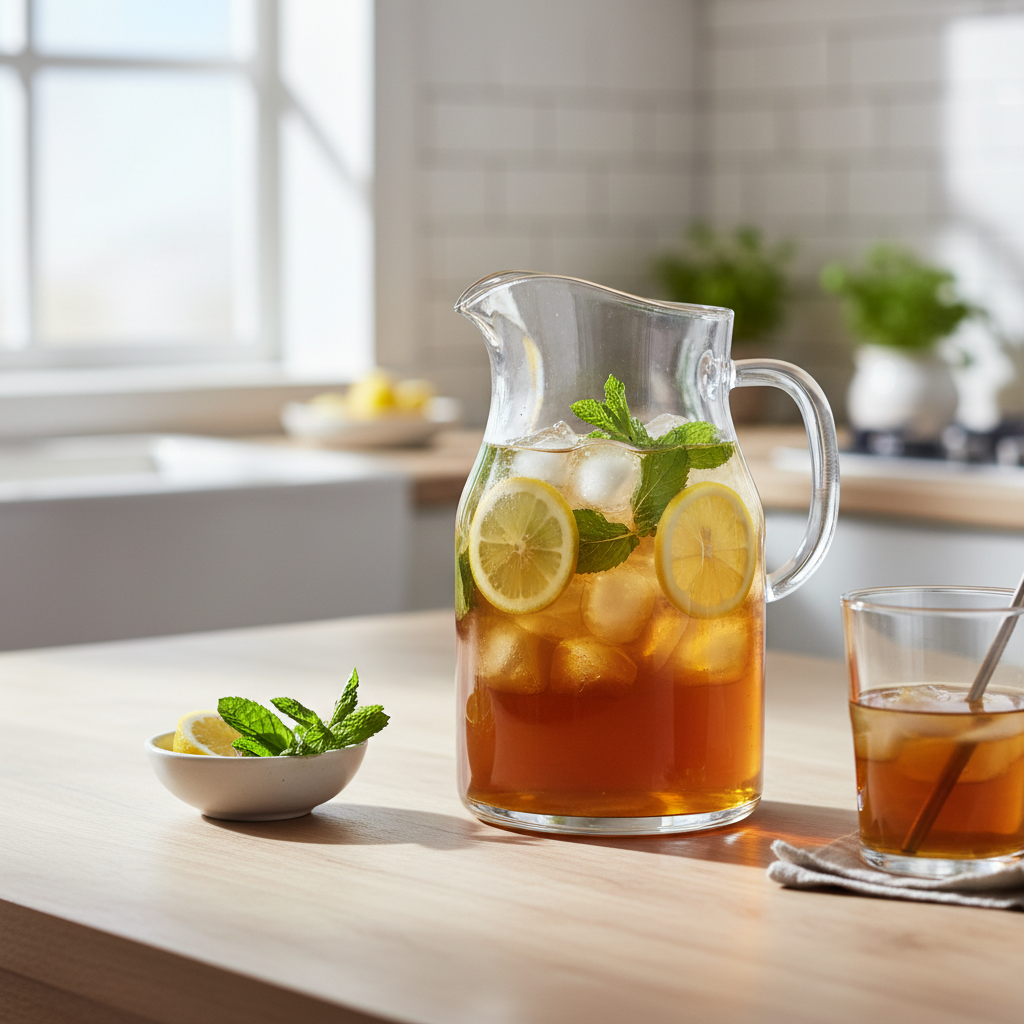 Iced mint tea in a glass pitcher with lemon slices and mint sprigs