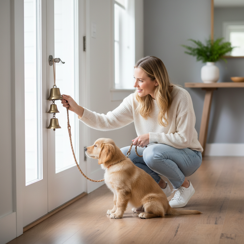 Teaching a puppy to touch a potty bell before going outside