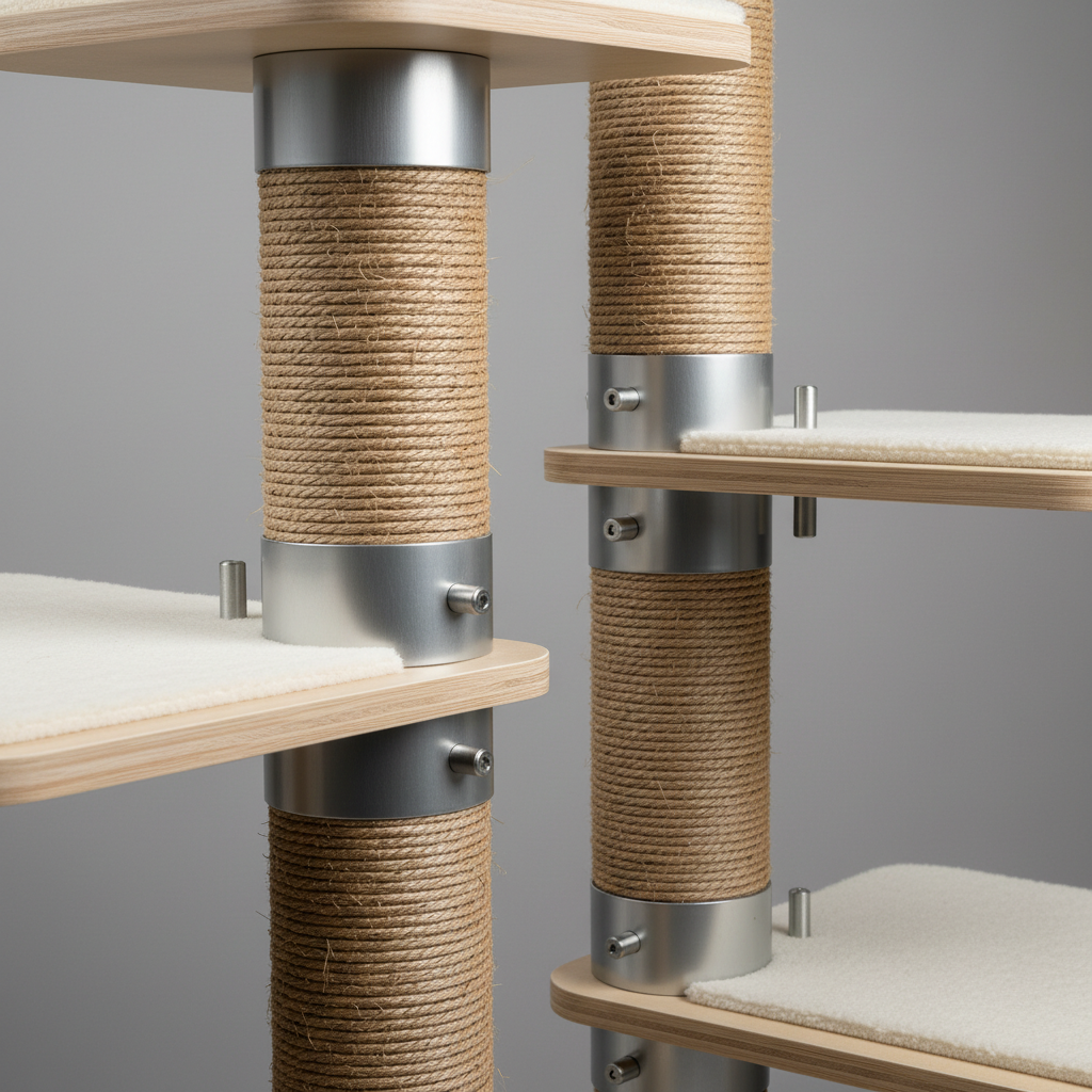 Close-up of thick scratching post and reinforced brackets on a large cat tree