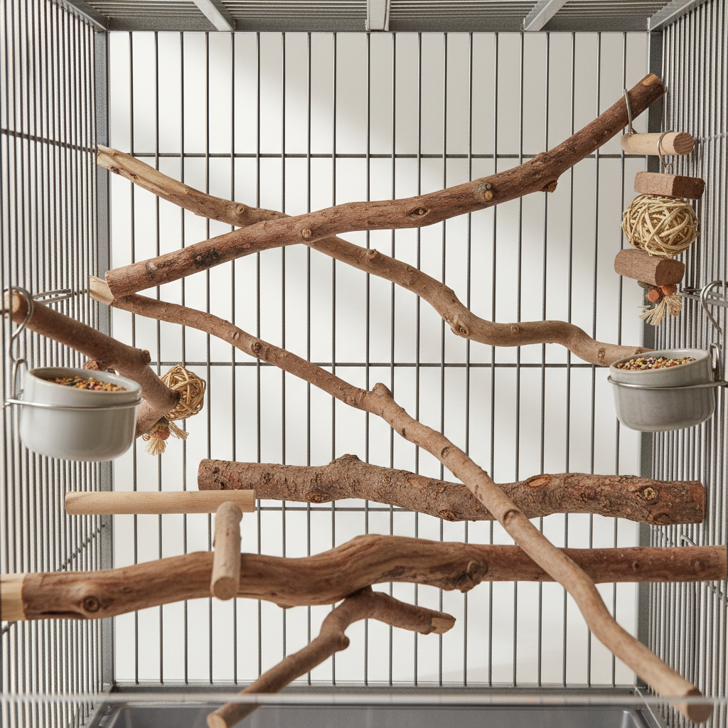 Natural wood bird perches with varied diameters inside a clean cage