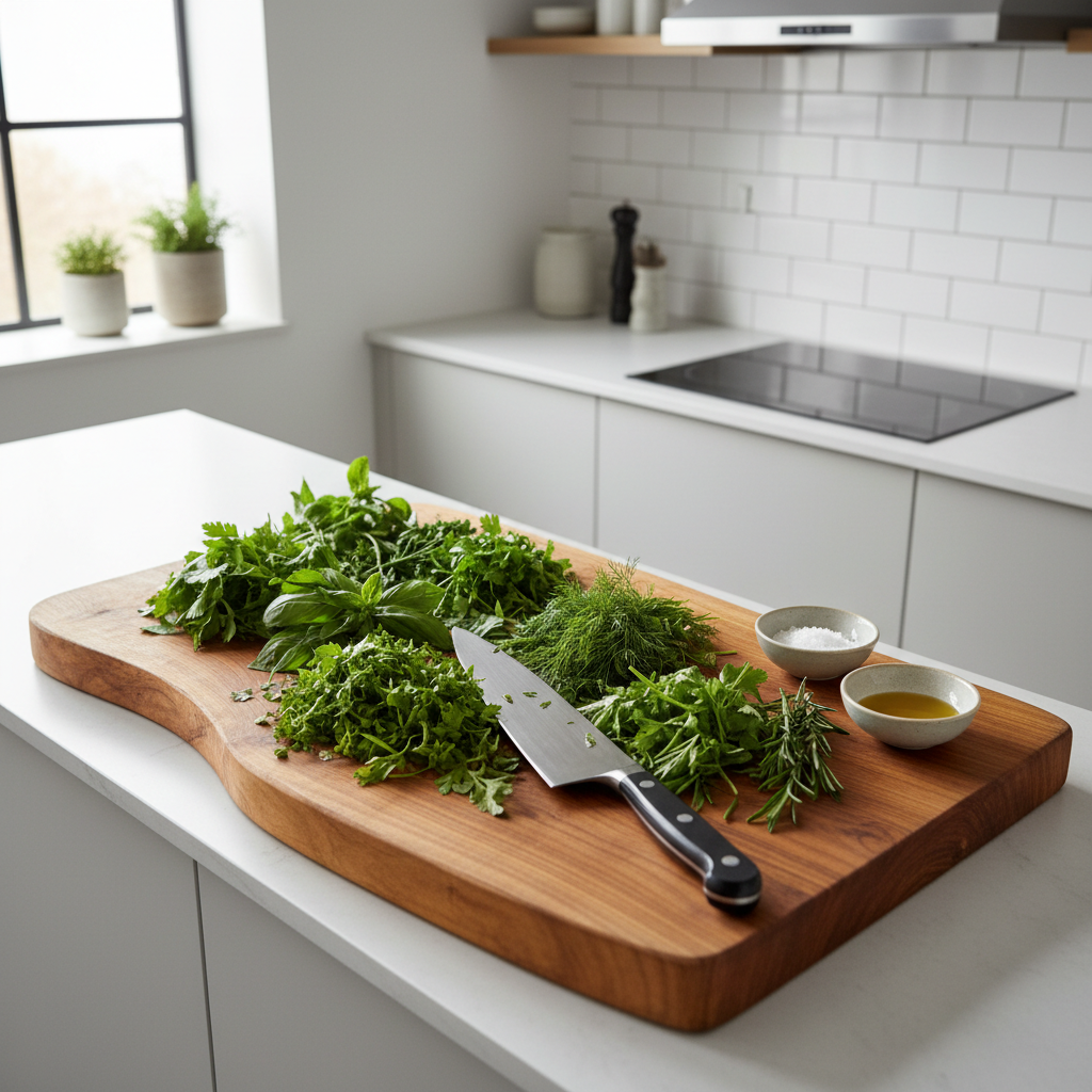 Fresh herbs on a kitchen cutting board ready for meal prep