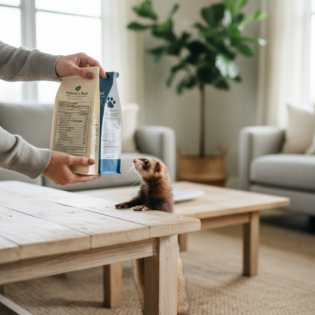 Ferret owner comparing ingredient lists for high-protein ferret food