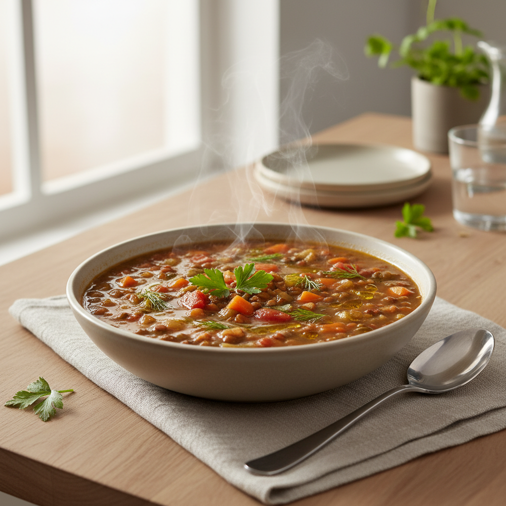 Bowl of hearty vegan lentil soup with vegetables and herbs