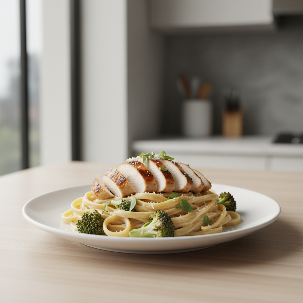 Fettuccine Alfredo with grilled chicken and broccoli on a plate