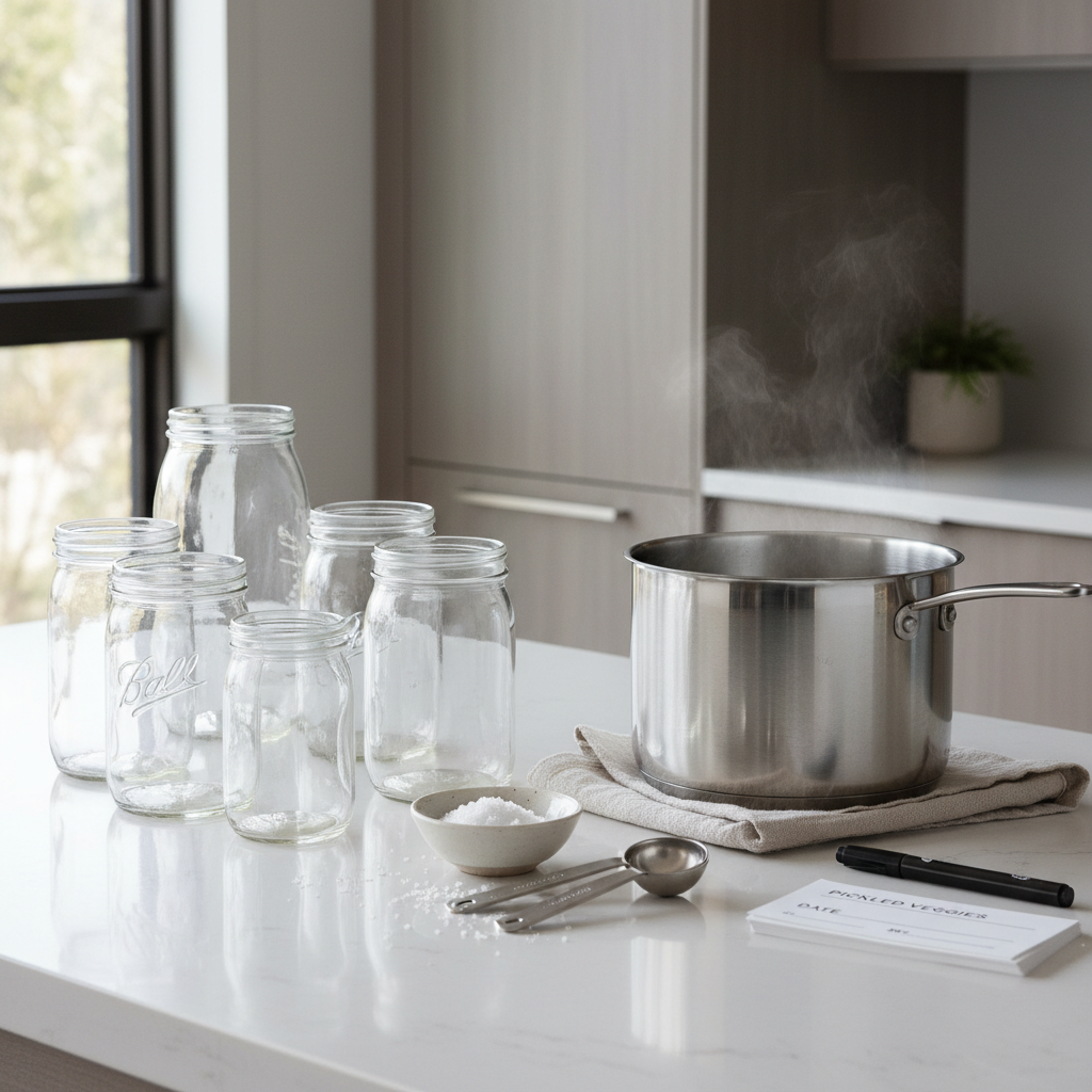 Clean jars and vinegar brine setup for safe homemade pickles