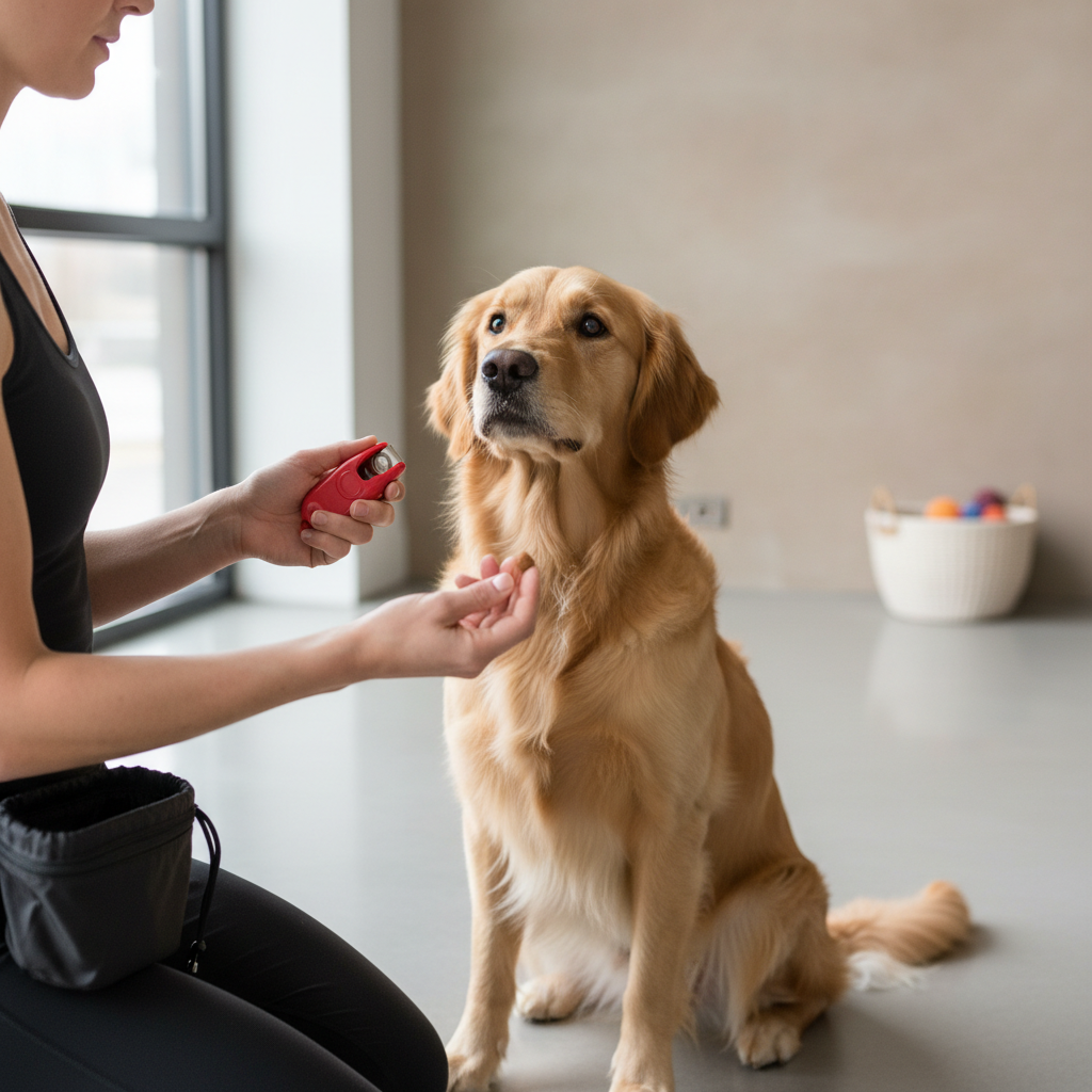Dog practicing sit and focus with clicker and treat pouch during short training session