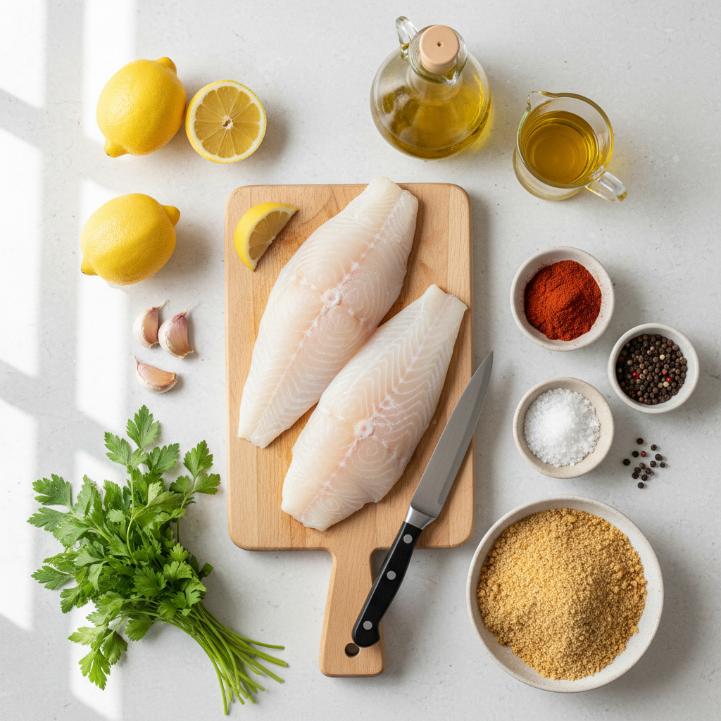 Simple ingredients for easy cod recipes: cod, lemon, spices, breadcrumbs, and herbs