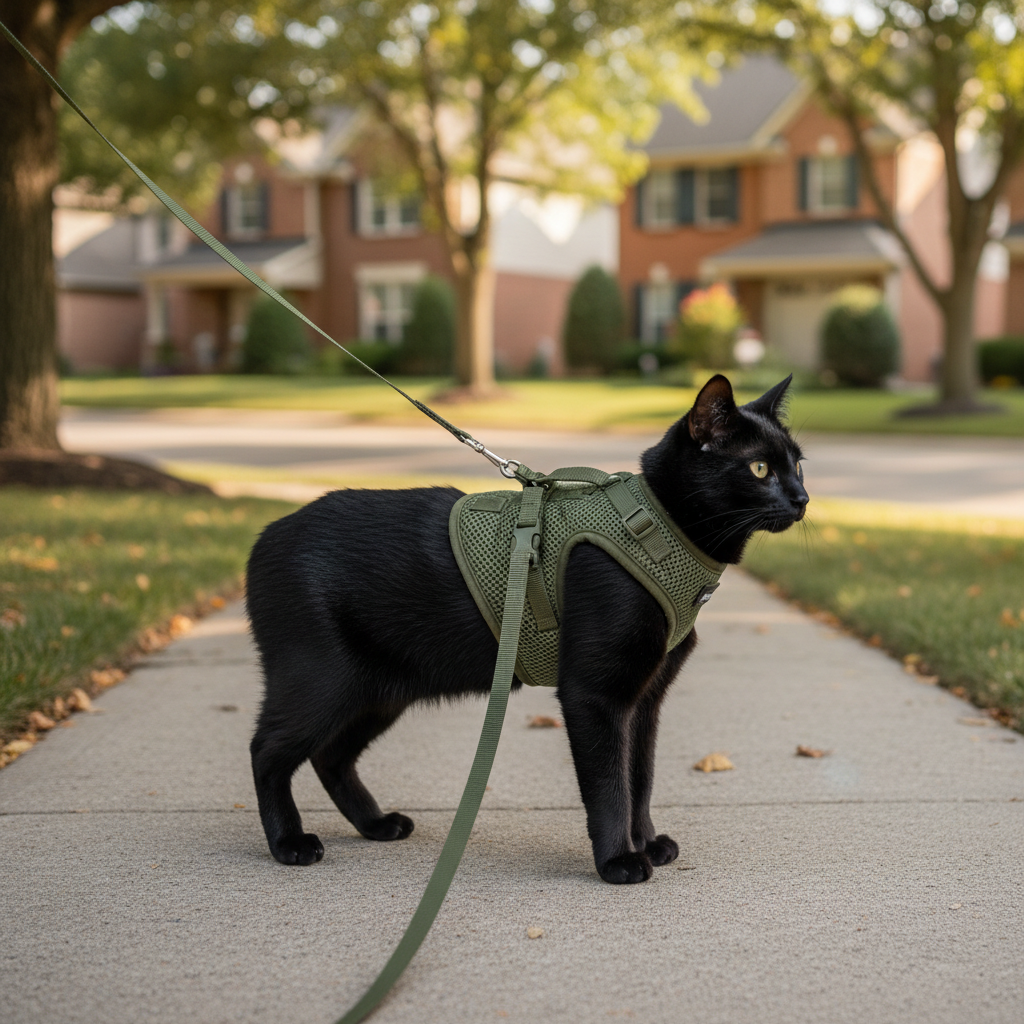 Cat wearing an escape-proof harness outdoors on a leash