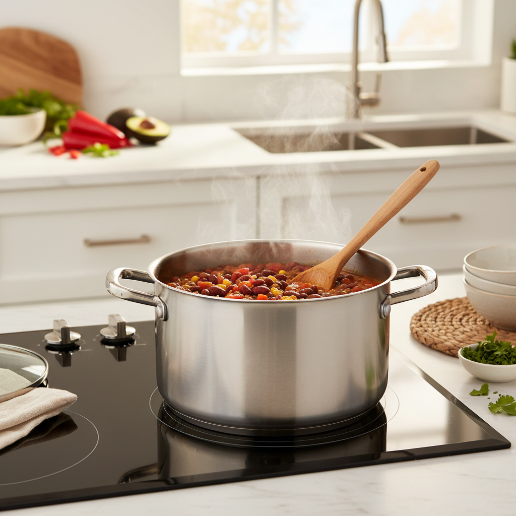 Vegetarian chili simmering in a pot on the stove