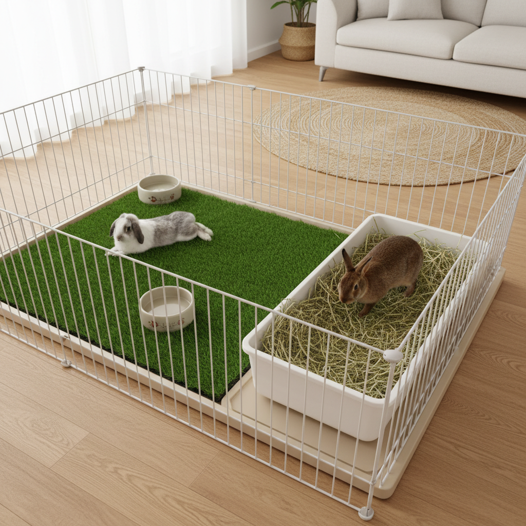 Rabbit cage layout showing grass mat zone and litter box zone