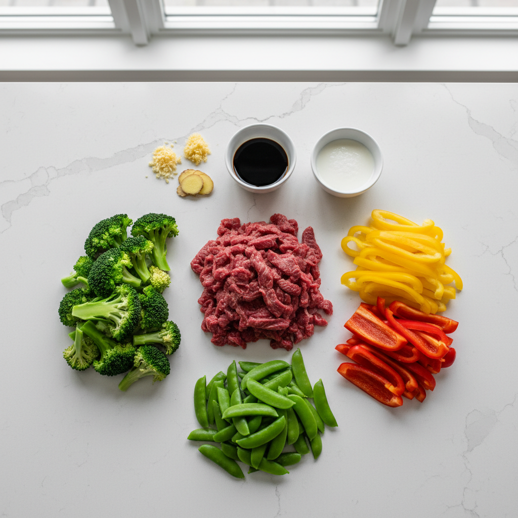 Sliced beef and colorful vegetables prepped for a quick stir fry