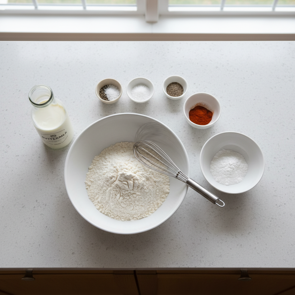 Ingredients for crispy fried food batter: flour, cornstarch, spices, and buttermilk
