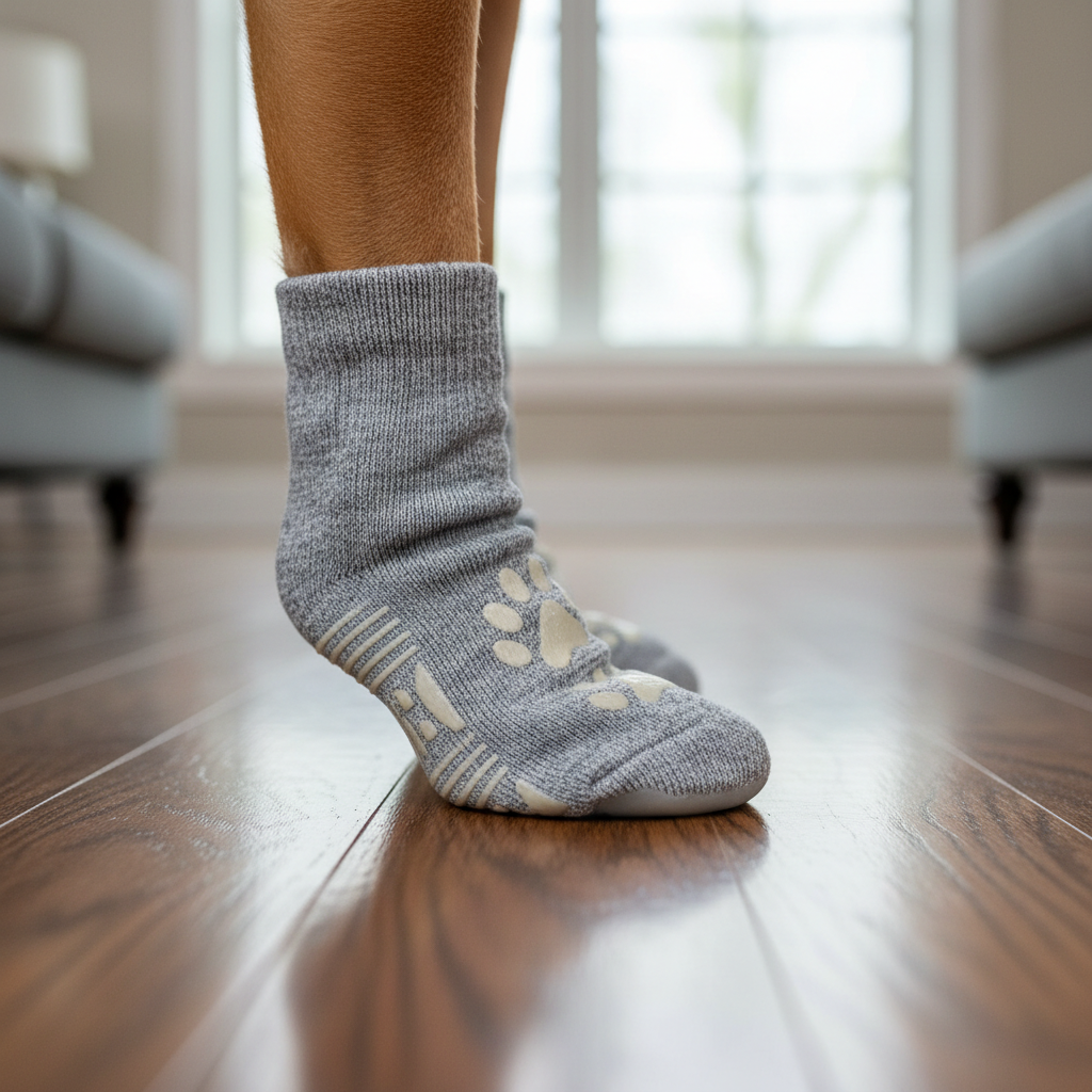 Close-up of dog paw wearing non-slip sock with silicone grips on hardwood