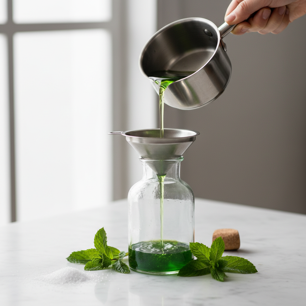 Mint simple syrup being poured into a small bottle for cocktail and mocktail recipes