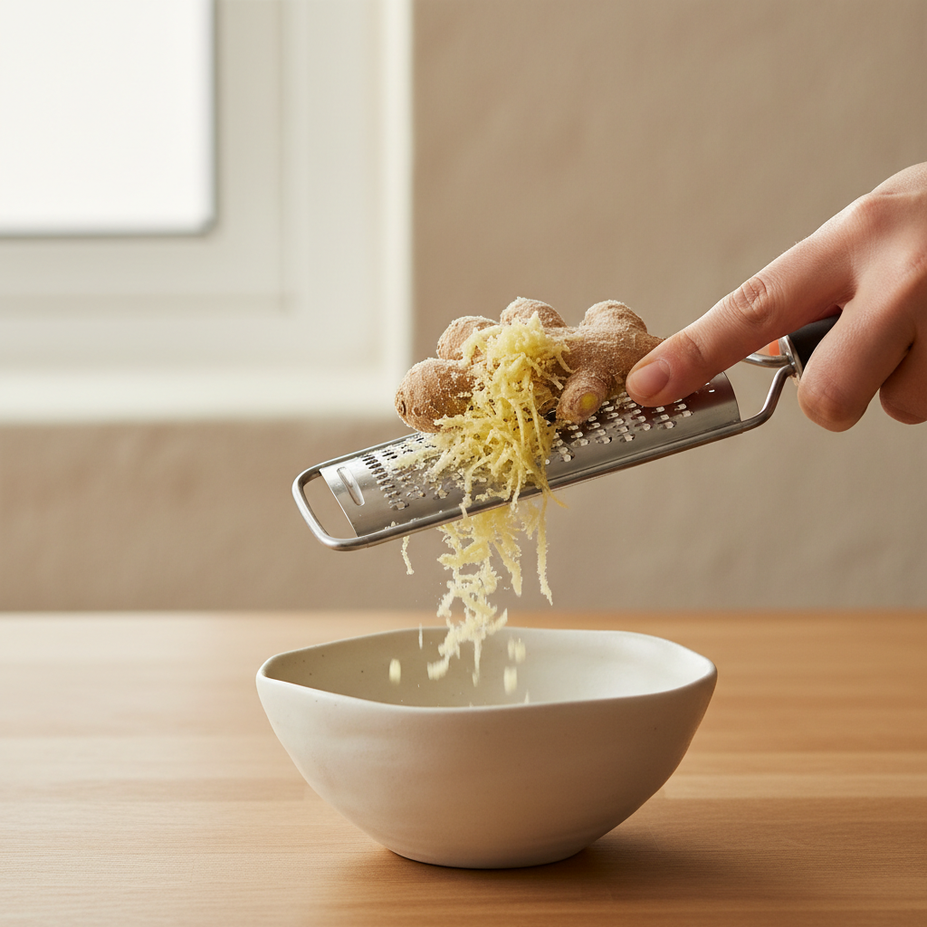Frozen ginger being grated into a small bowl for easy ginger recipes