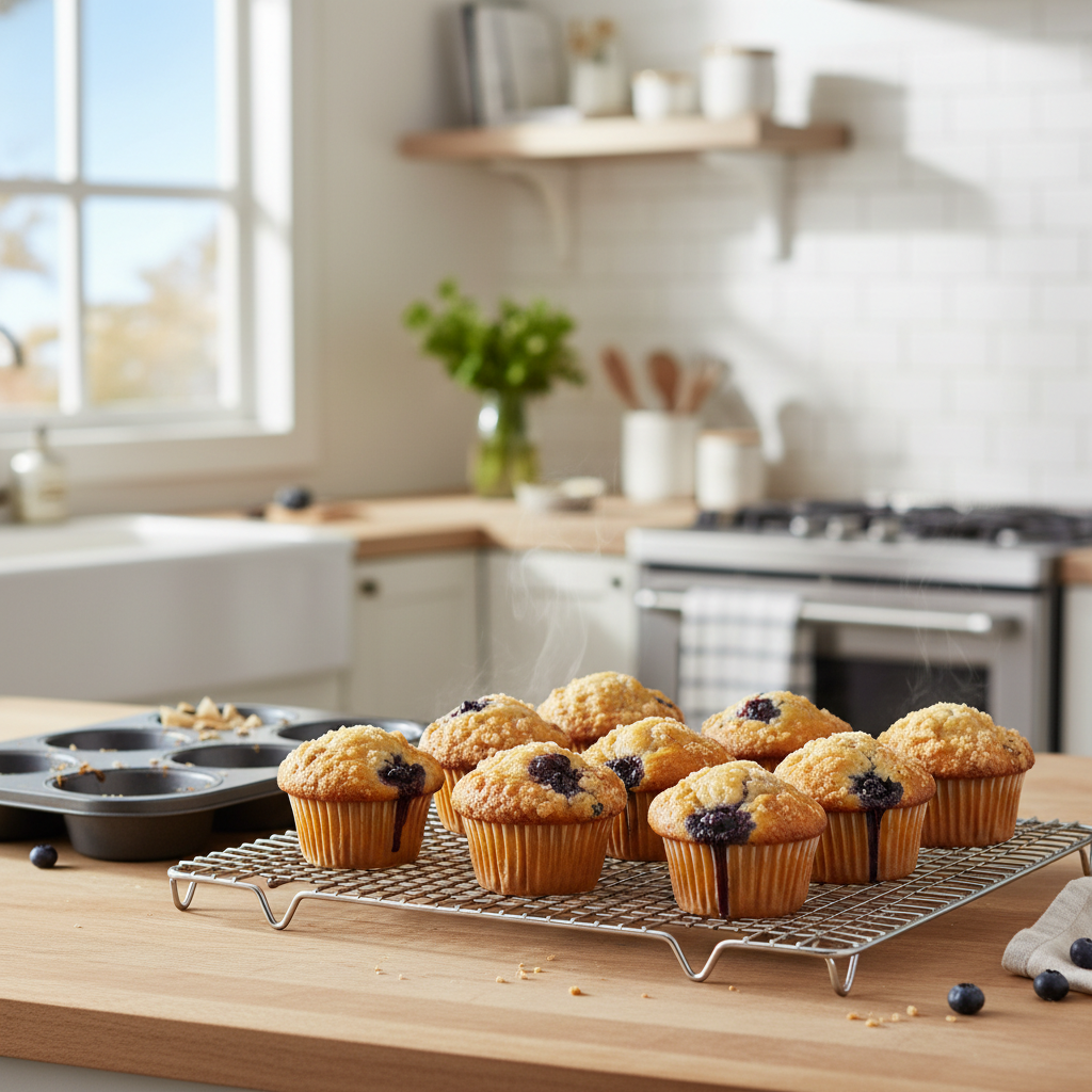 Fresh baked muffins cooling on a wire rack for make-ahead breakfast