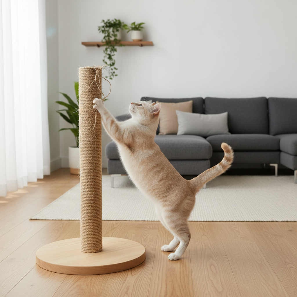 Cat using a tall scratching post with a wide stable base
