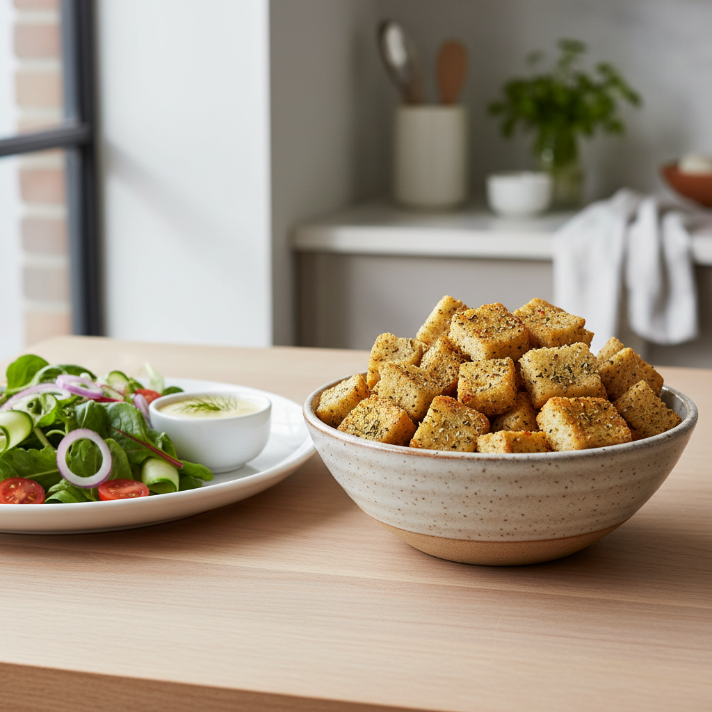 Bowl of crispy homemade croutons with garlic and herbs ready for salad