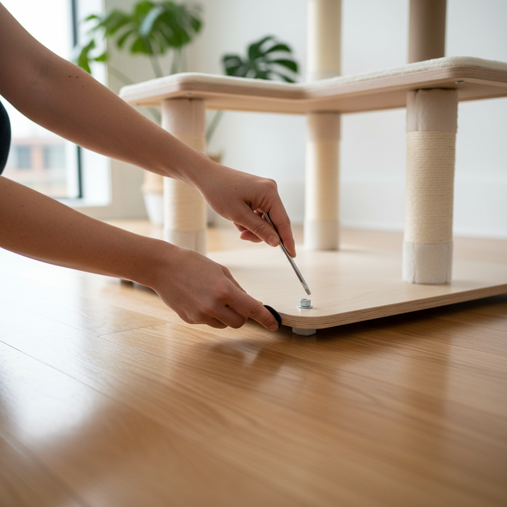 Hands tightening cat tree bolts and placing anti-slip pads on hardwood floor