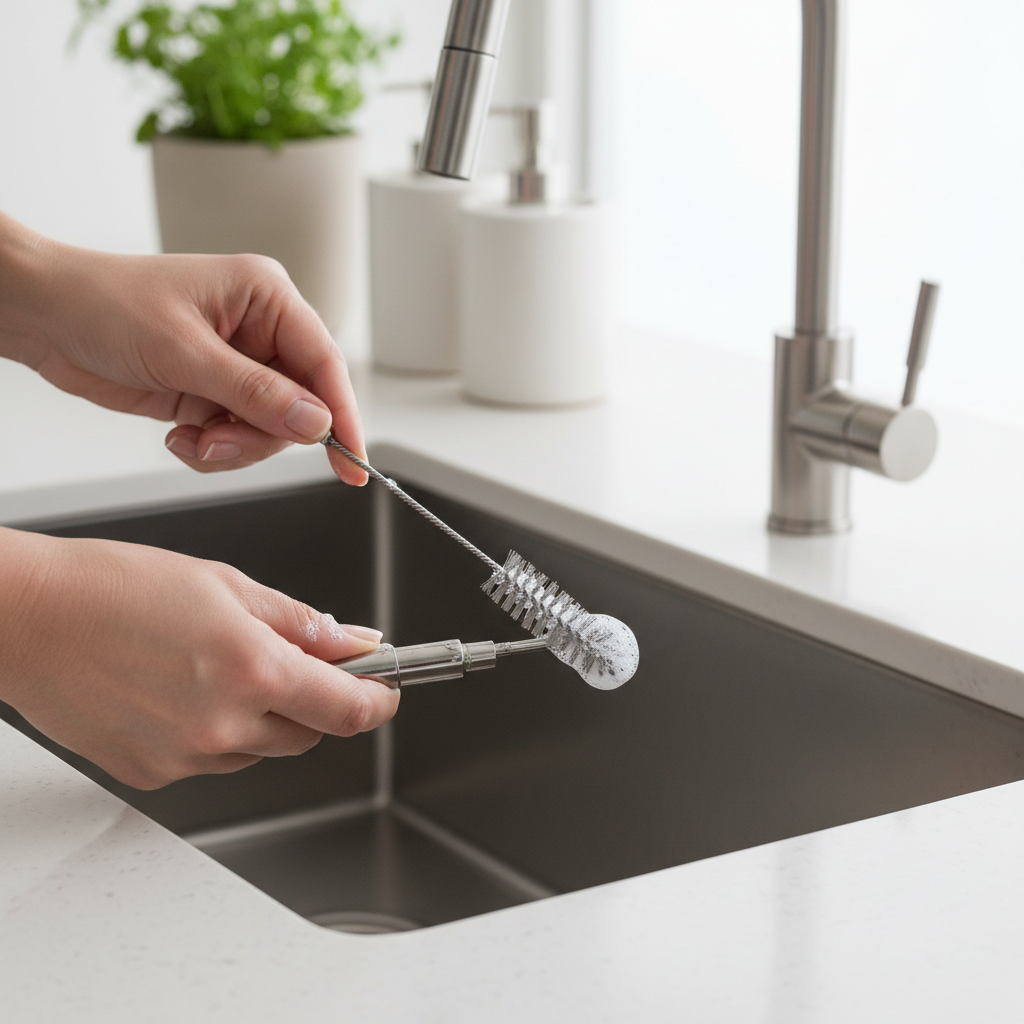 Hands cleaning a rabbit water bottle sipper tube with a small brush