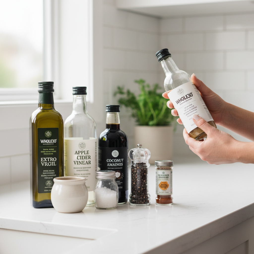 Whole30 pantry and condiment label reading with compliant ingredients highlighted