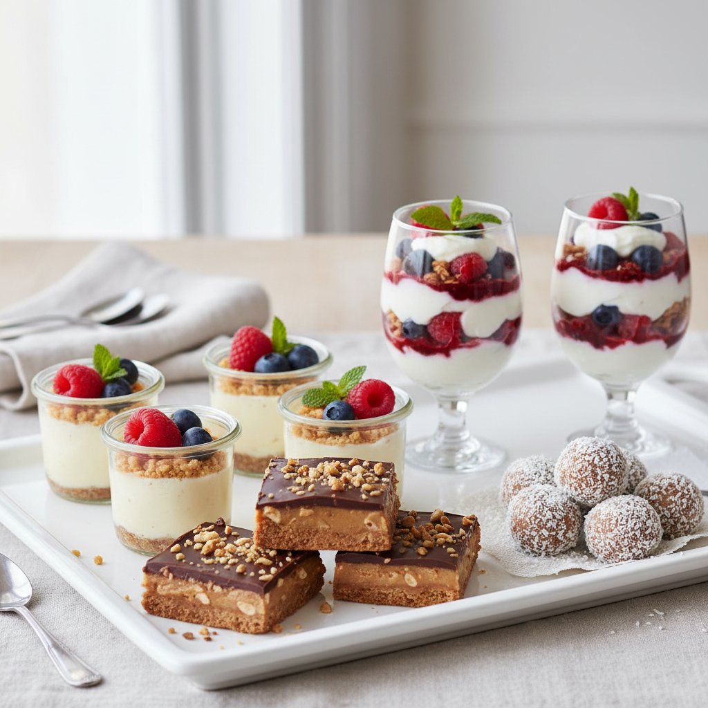 Assorted 5-ingredient no bake desserts on a tray