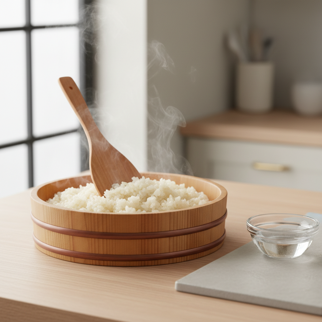 Bowl of seasoned sushi rice being fanned and mixed with rice paddle