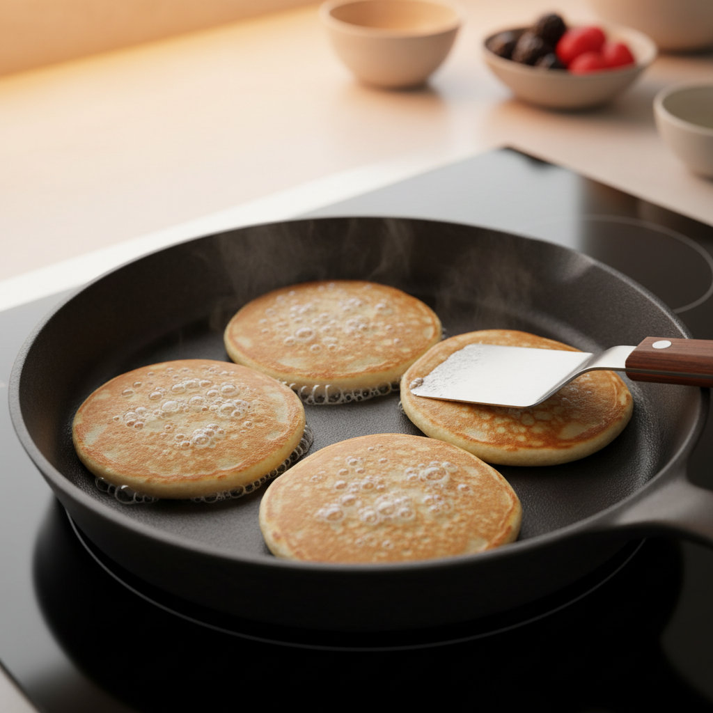 Gluten free pancakes cooking on a skillet with bubbles forming before flipping