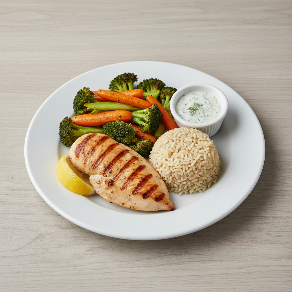 Balanced low fat meal plate with lean protein vegetables and whole grains