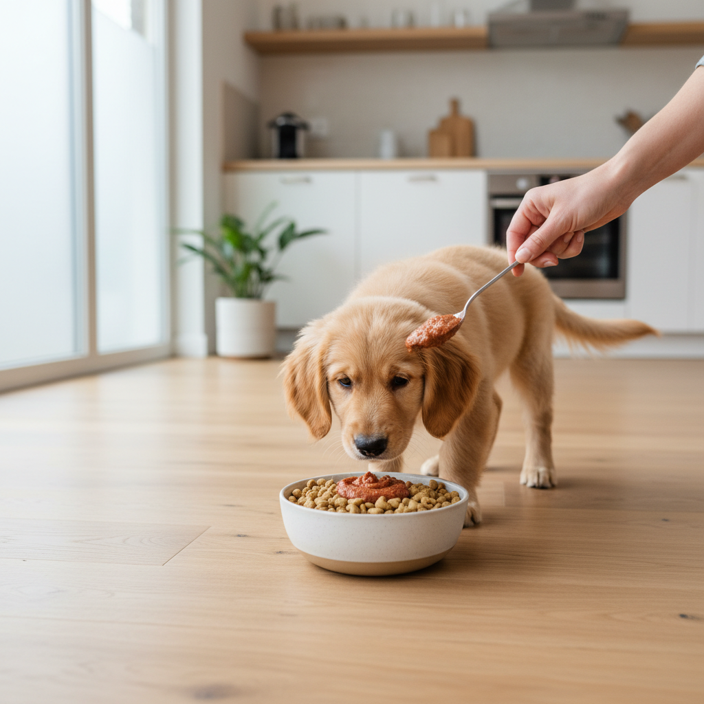 Puppy sniffing kibble while owner adds a small spoon of topper