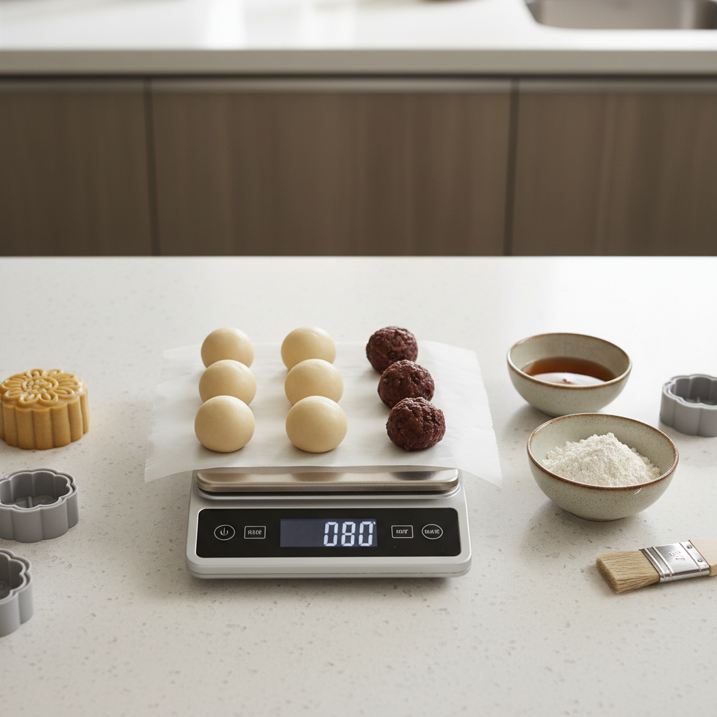 Mooncake dough and filling portions weighed on a kitchen scale