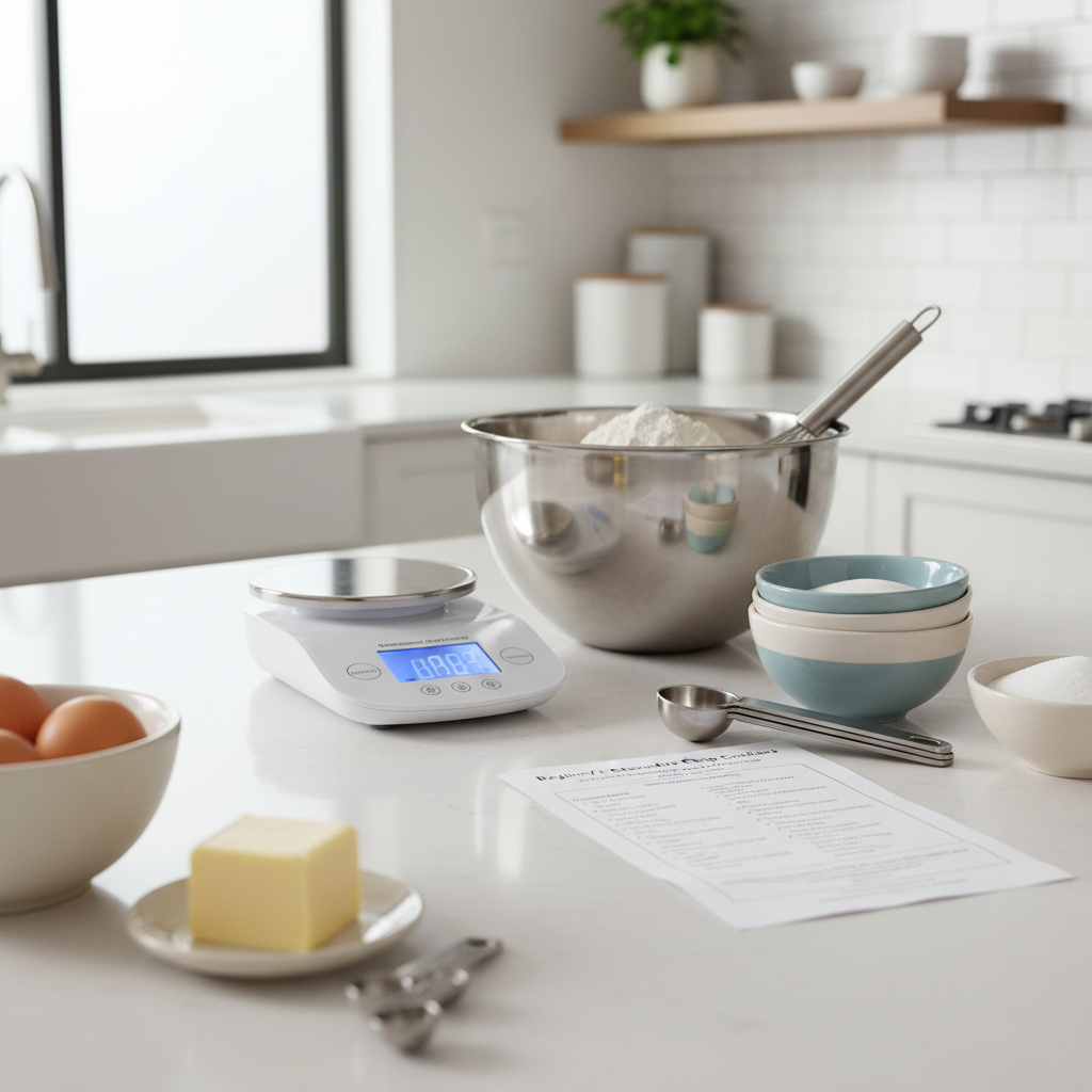 Beginner baking setup with measuring tools and ingredients on a kitchen counter