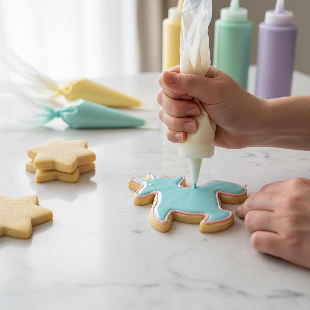 Piping and flooding icing on cut-out sugar cookies for a smooth finish