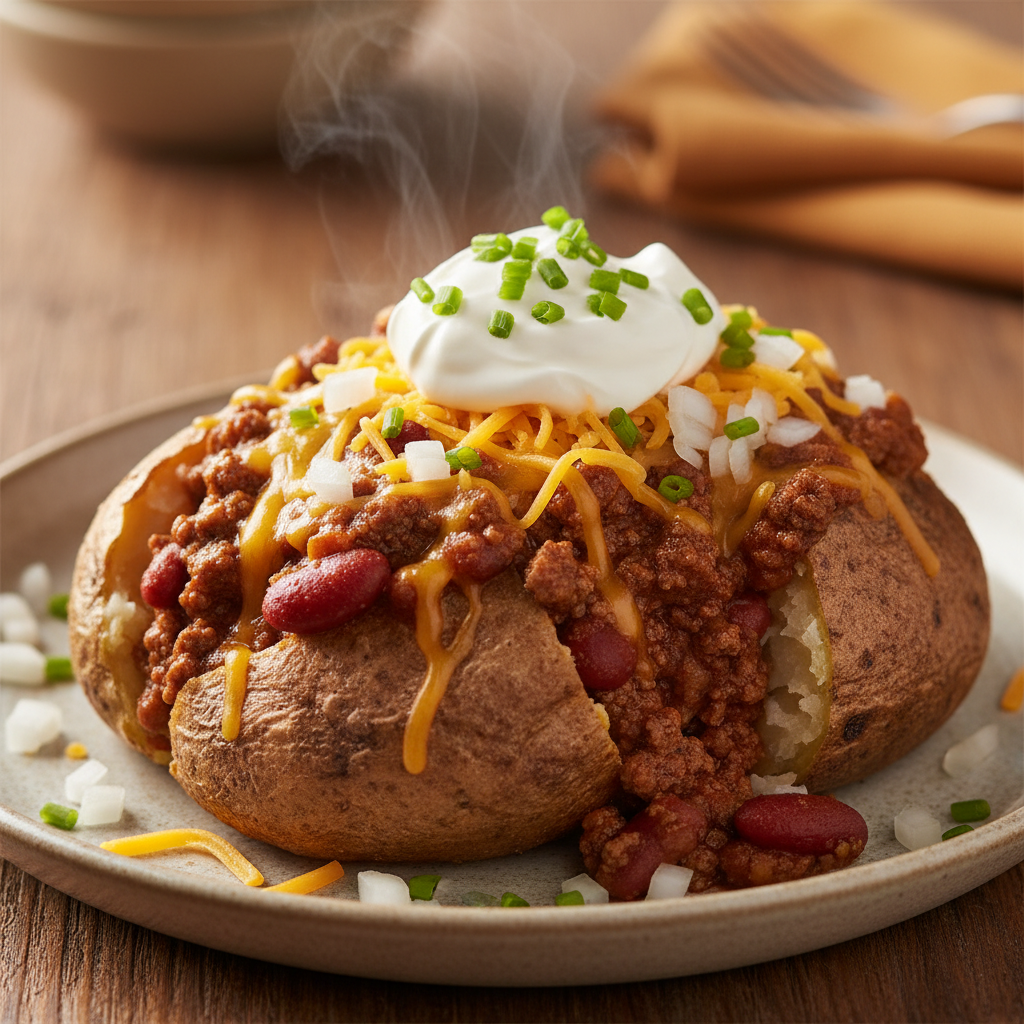 Close-up of a baked potato topped with chili, cheddar, and chopped onions