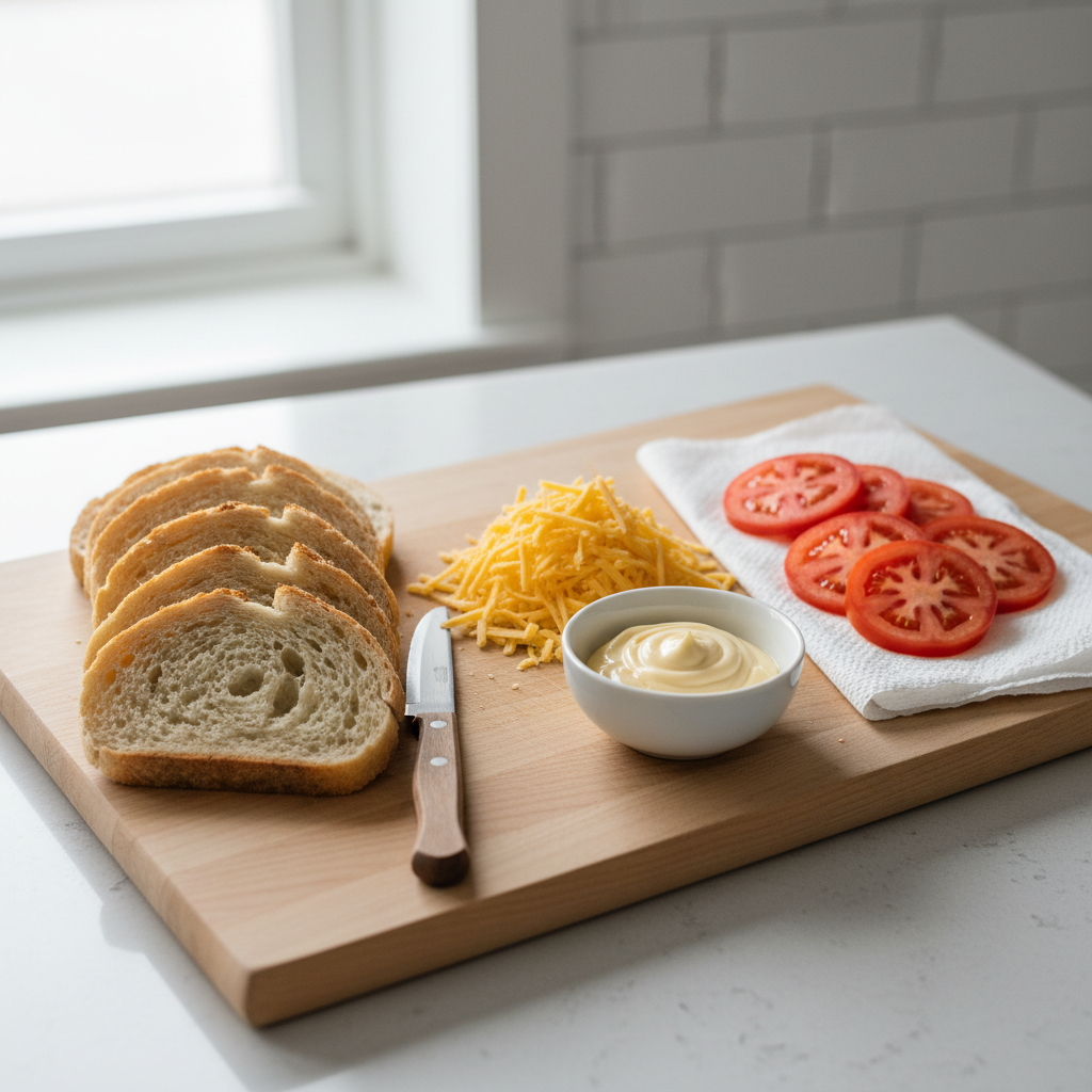 Ingredient board for grilled cheese with sourdough, cheddar, tomato slices, and butter