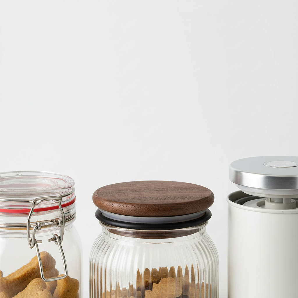 Comparison of dog treat jar lid types: clamp lid, screw top, push button