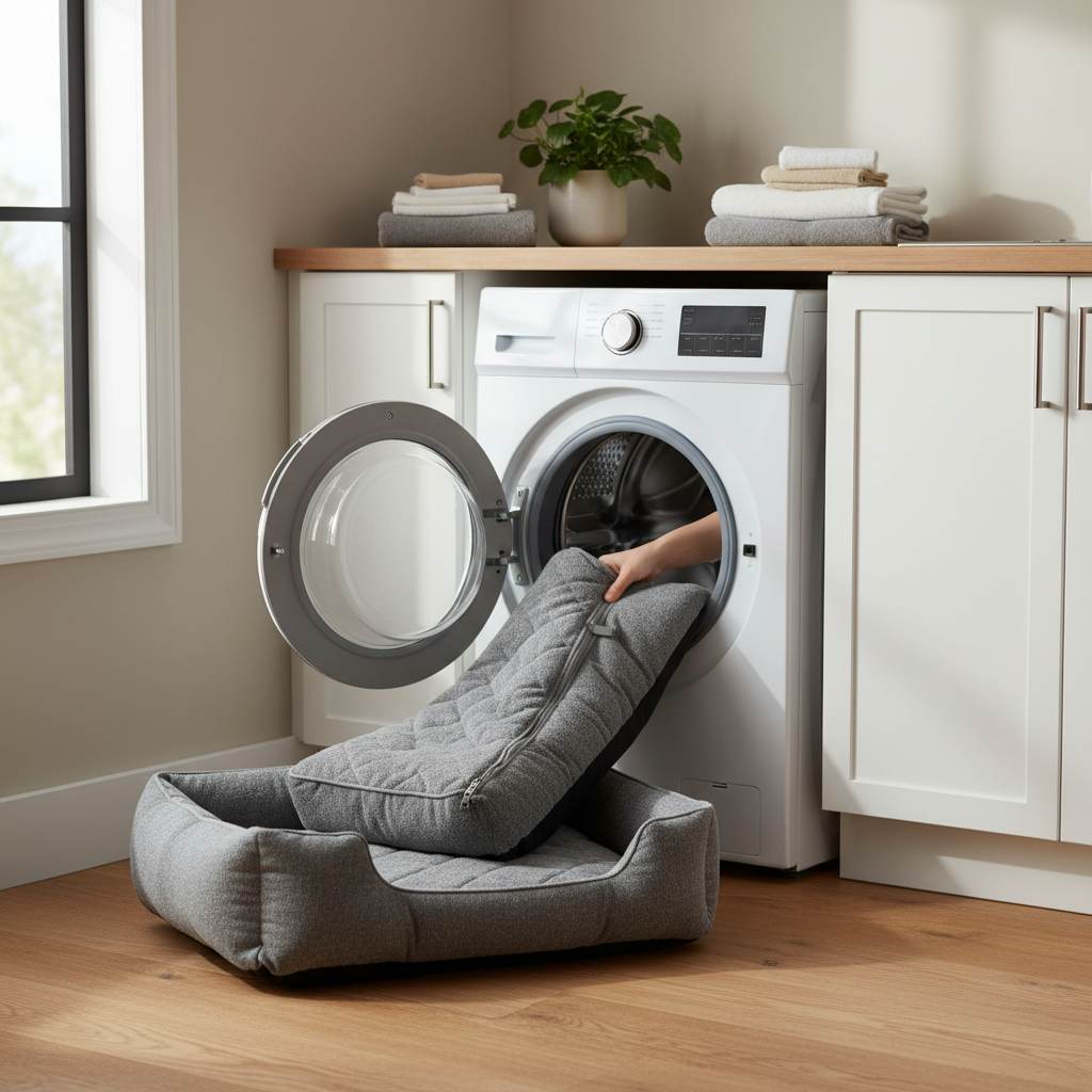 Washing a removable dog crate bed cover in a home laundry room