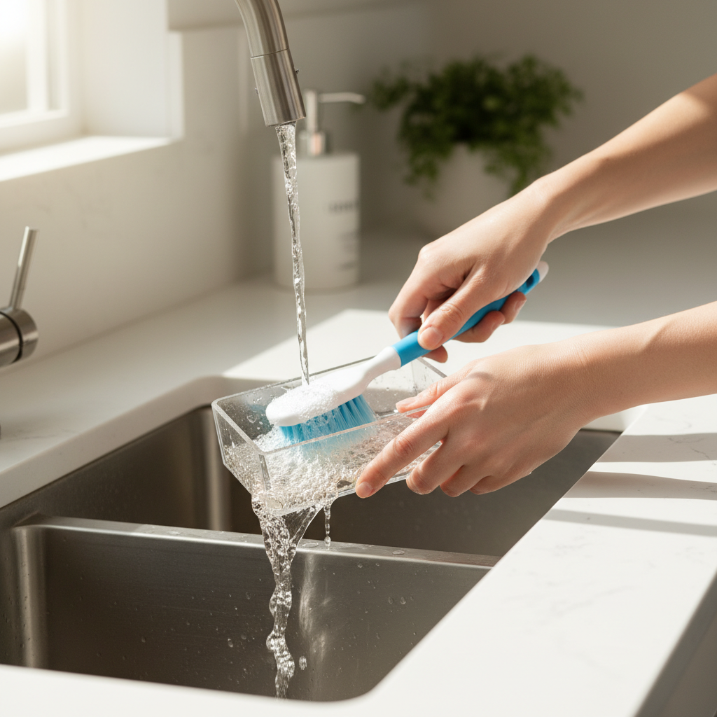 Hand washing a small clip-on bird bath with a brush at a kitchen sink
