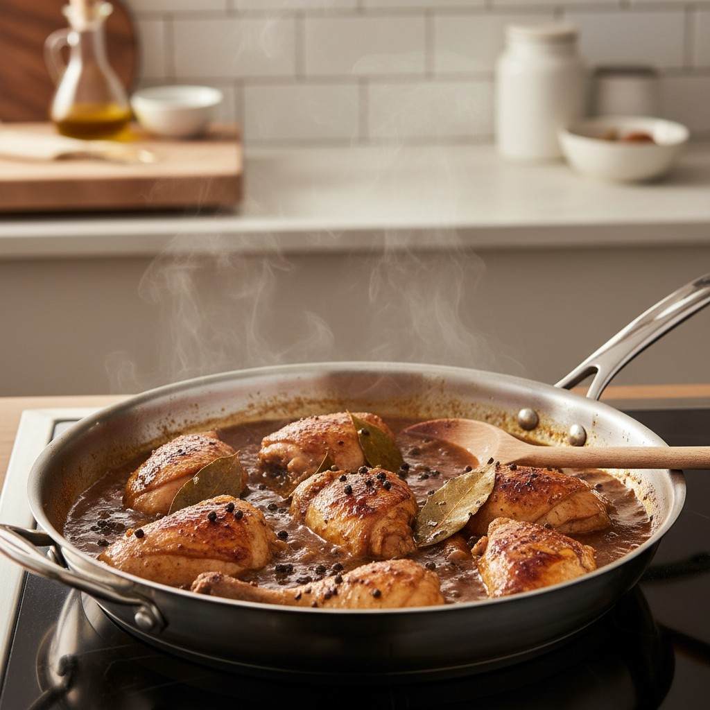 Chicken adobo simmering in a skillet with soy sauce vinegar bay leaves and peppercorns