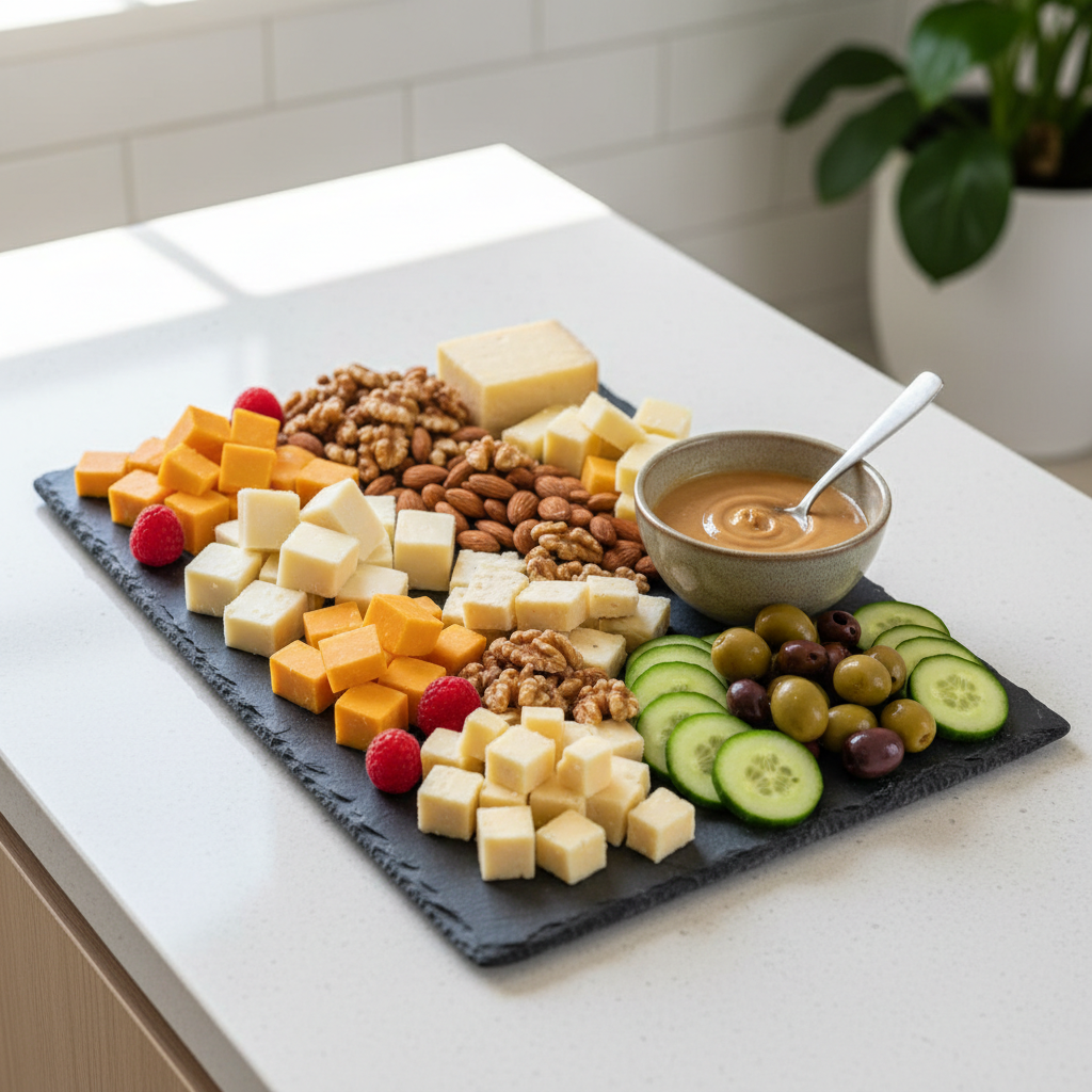 No-bake keto snack board with cheese, nuts, olives, and berries