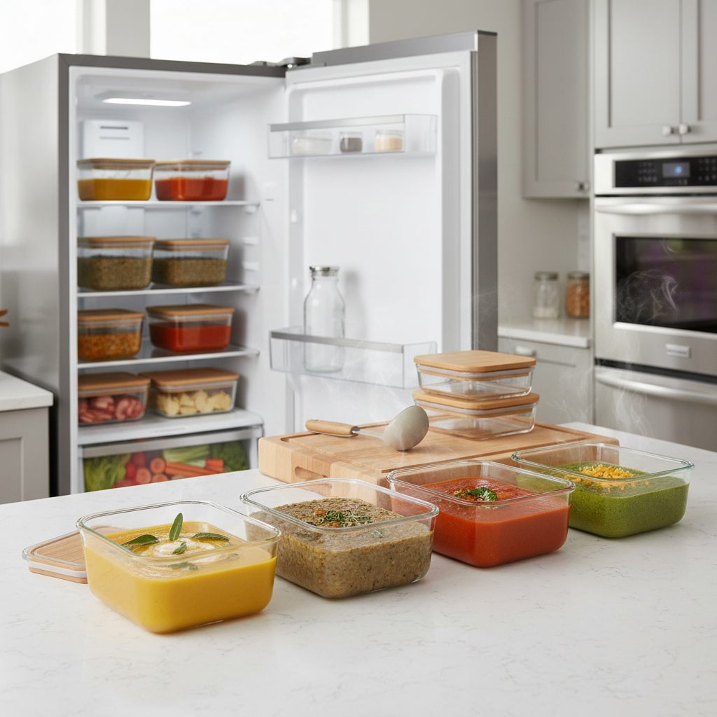 Meal prep containers filled with soup in a refrigerator for leftovers