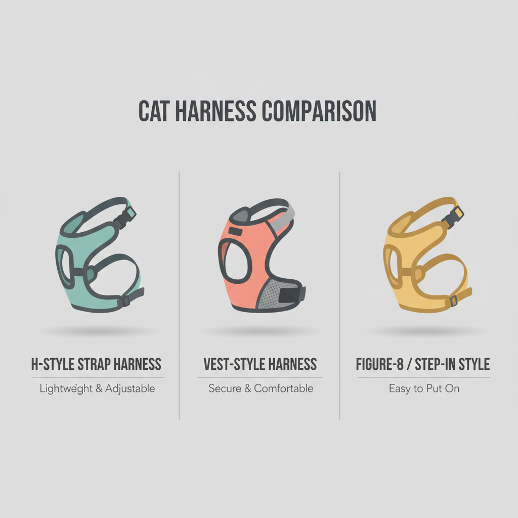 Comparison of H-style, vest, and figure-8 cat harness styles