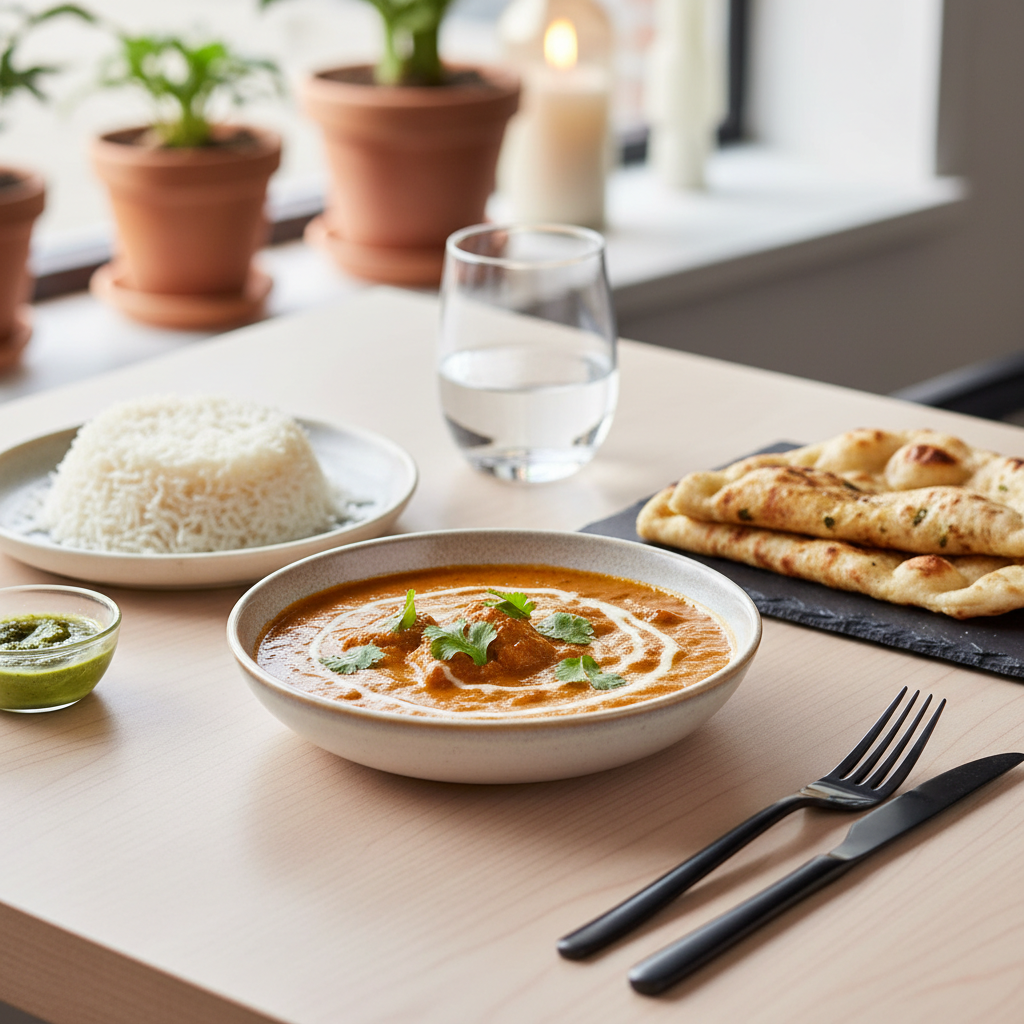 Serving indian butter chicken with basmati rice and naan on a dinner table