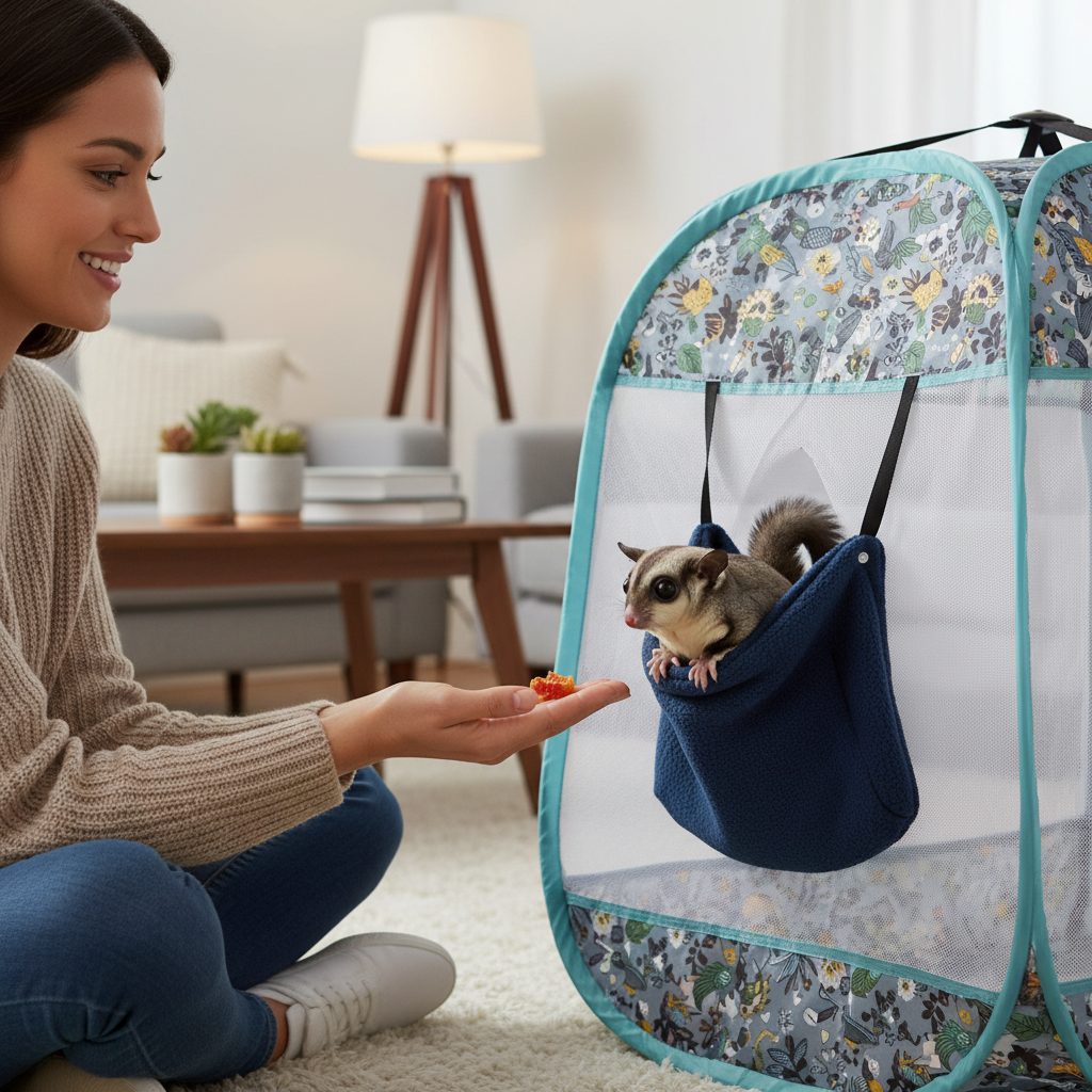 Person sitting inside a sugar glider play tent offering treats near a hanging soft hide