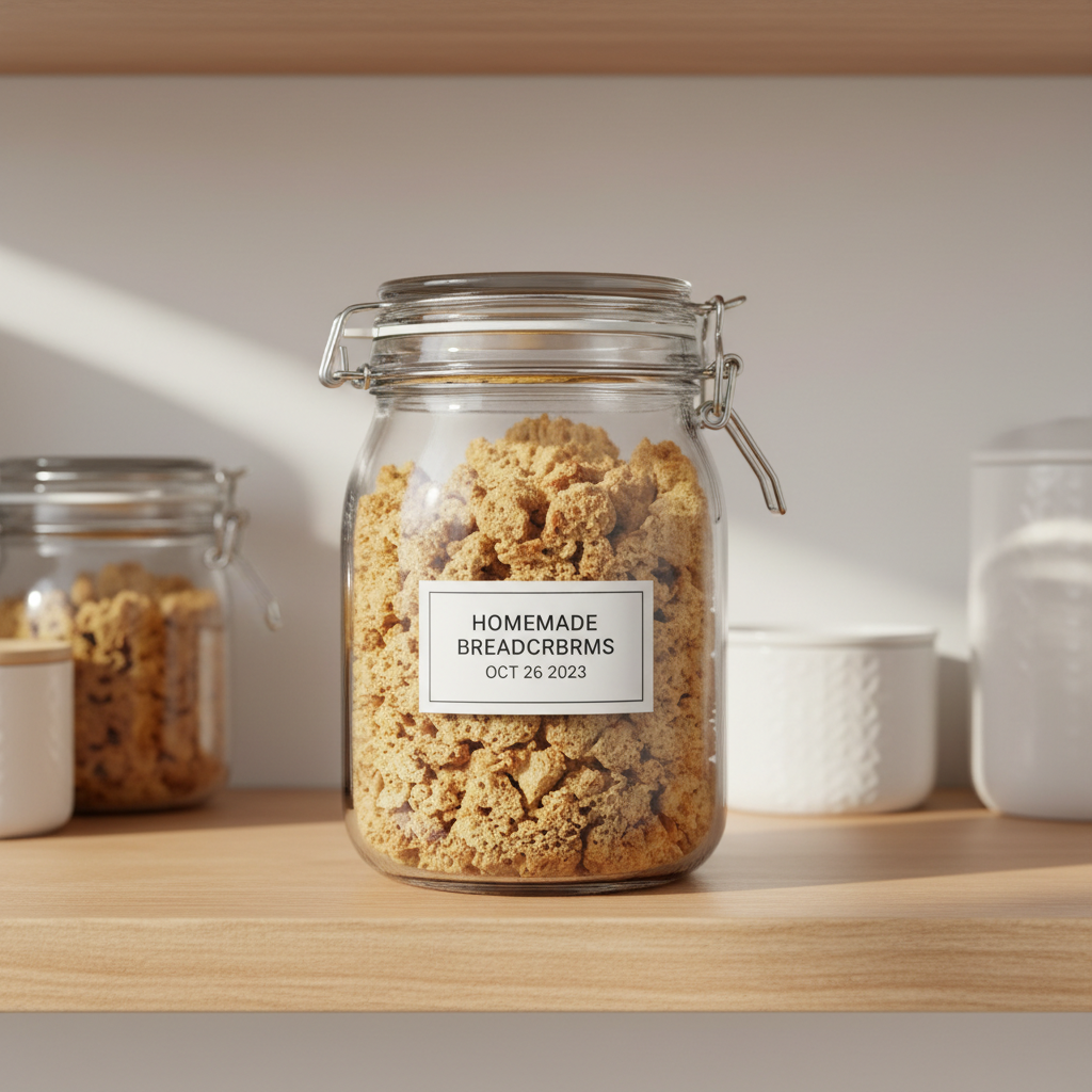 Homemade dried bread crumbs stored in an airtight jar labeled with date