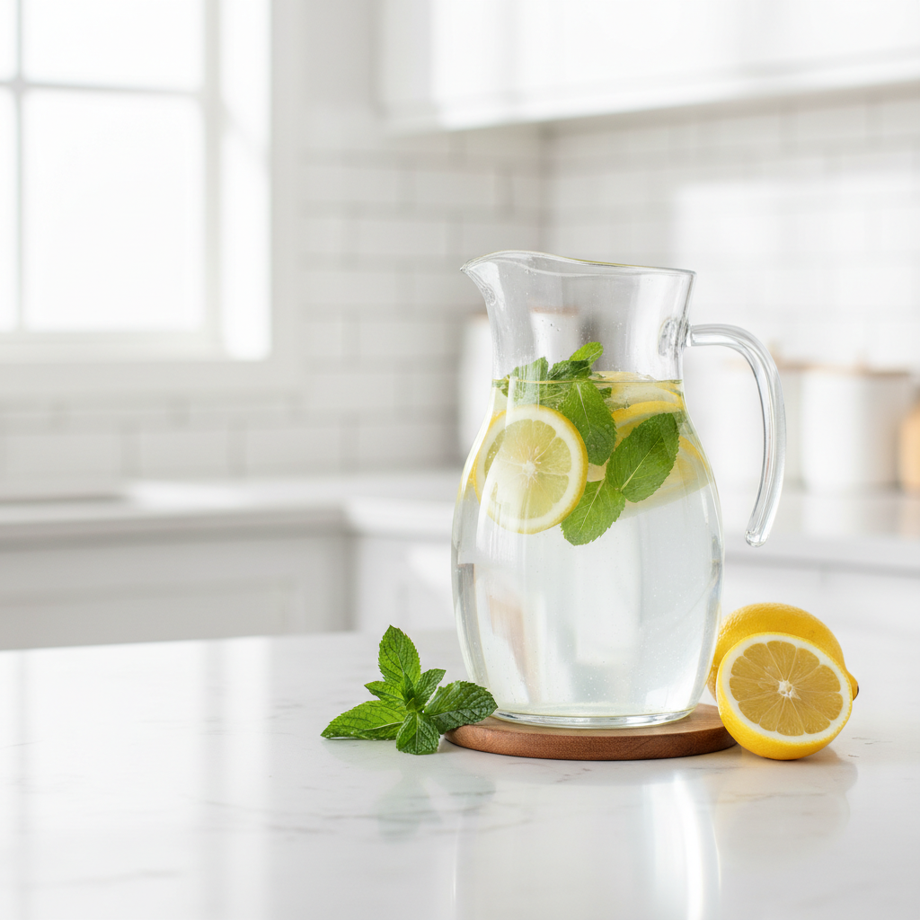 Lemon slices and water pitcher for easy flavored water prep