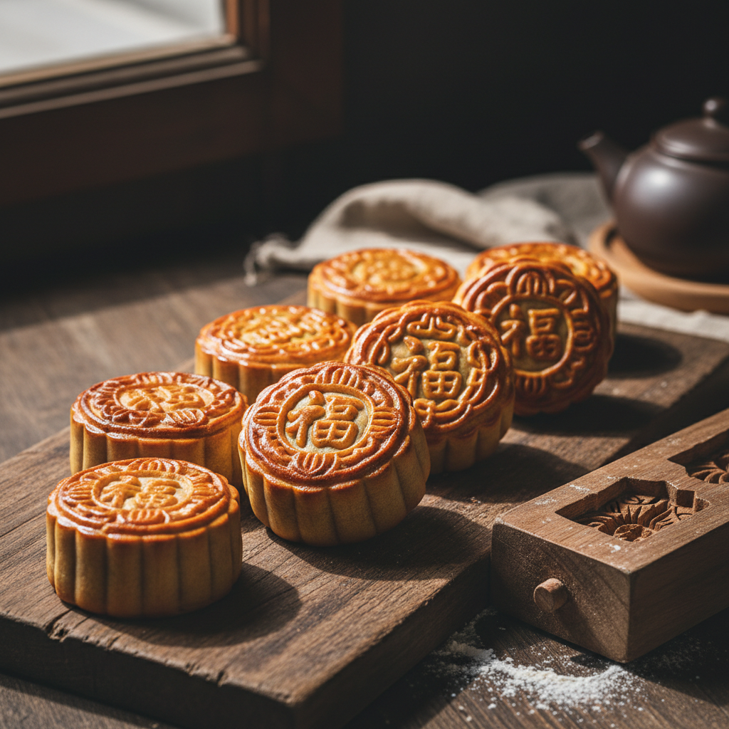 Traditional baked mooncakes with classic patterns on a wooden board