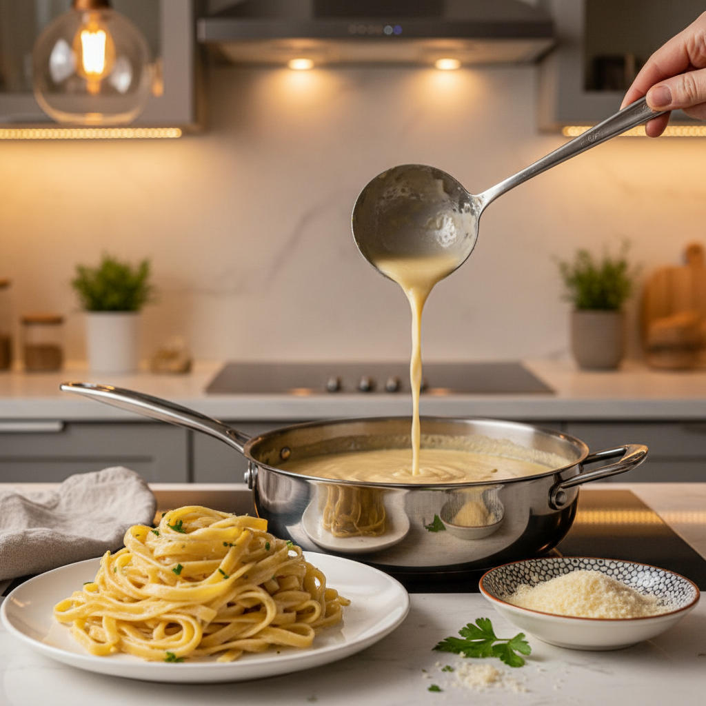 Creamy fettuccine Alfredo sauce in a skillet with pasta water