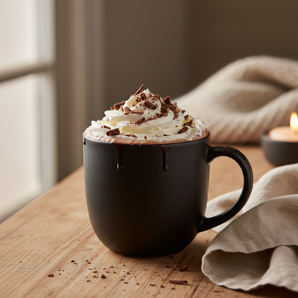 Creamy hot chocolate in a ceramic mug with whipped cream and chocolate shavings