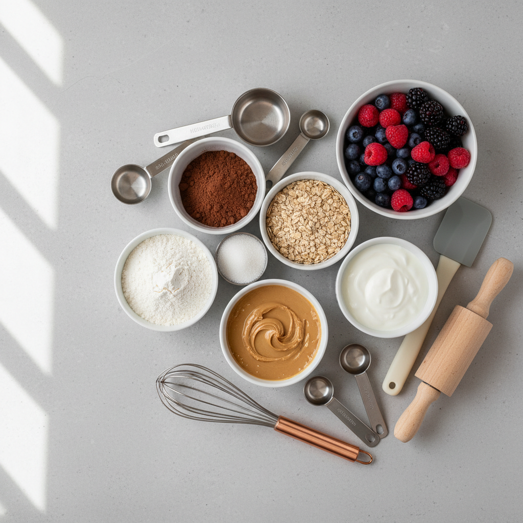 Kitchen countertop with simple dessert ingredients measured in bowls